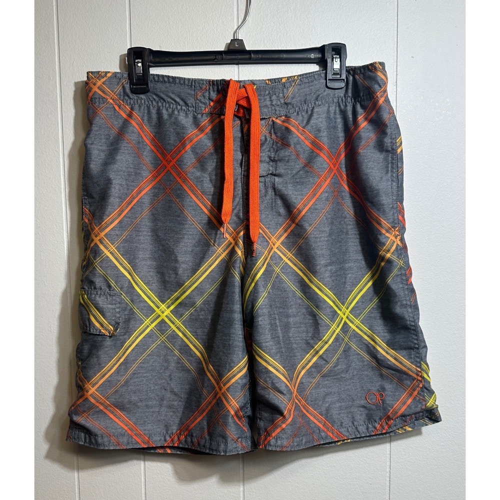 Ocean Pacific Mens Board Shorts Gray Orange Yellow Plaid Swim Trunks OM24221Y S